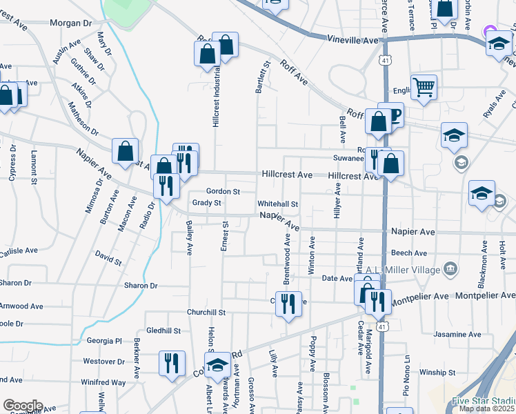 map of restaurants, bars, coffee shops, grocery stores, and more near 1062 Bartlett Street in Macon