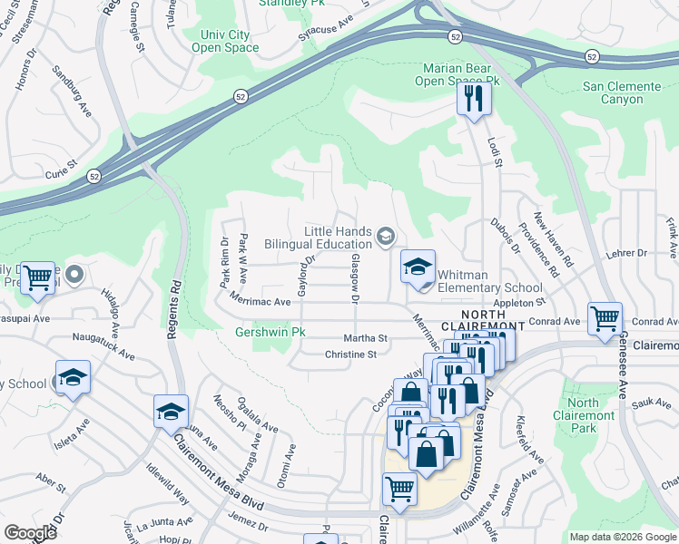 map of restaurants, bars, coffee shops, grocery stores, and more near 3621 Armitage Street in San Diego