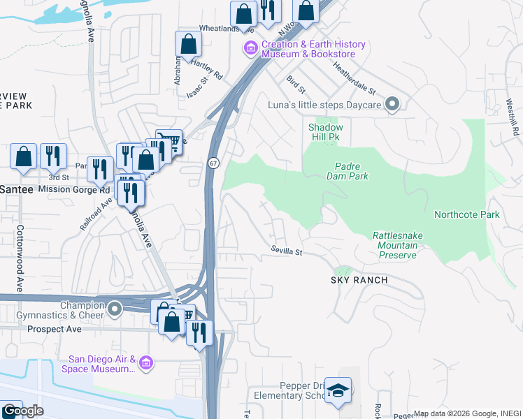 map of restaurants, bars, coffee shops, grocery stores, and more near 1412 Calabria Street in Santee