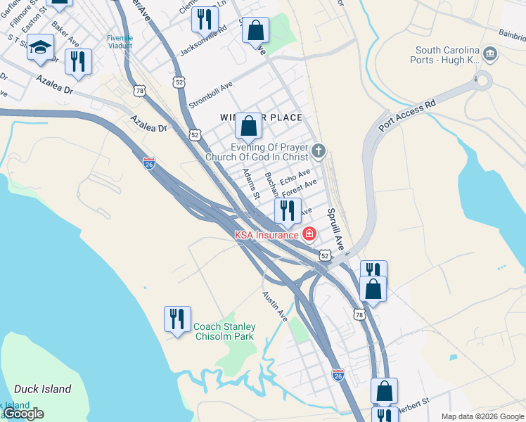 map of restaurants, bars, coffee shops, grocery stores, and more near 2028 Forest Avenue in North Charleston