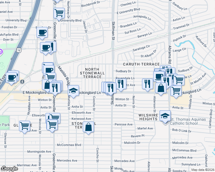 map of restaurants, bars, coffee shops, grocery stores, and more near 4242 Somerville Avenue in Dallas