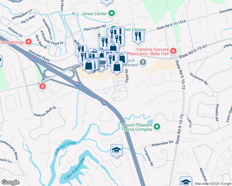 map of restaurants, bars, coffee shops, grocery stores, and more near 1600 Belle Point Drive in Mount Pleasant