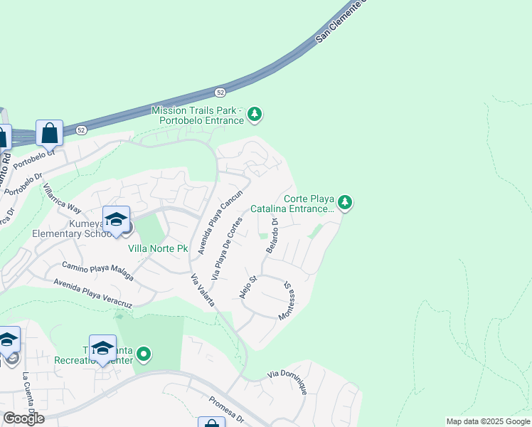 map of restaurants, bars, coffee shops, grocery stores, and more near 5384 Belardo Drive in San Diego