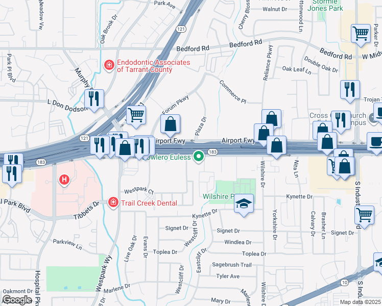 map of restaurants, bars, coffee shops, grocery stores, and more near 3301 Airport Freeway in Bedford