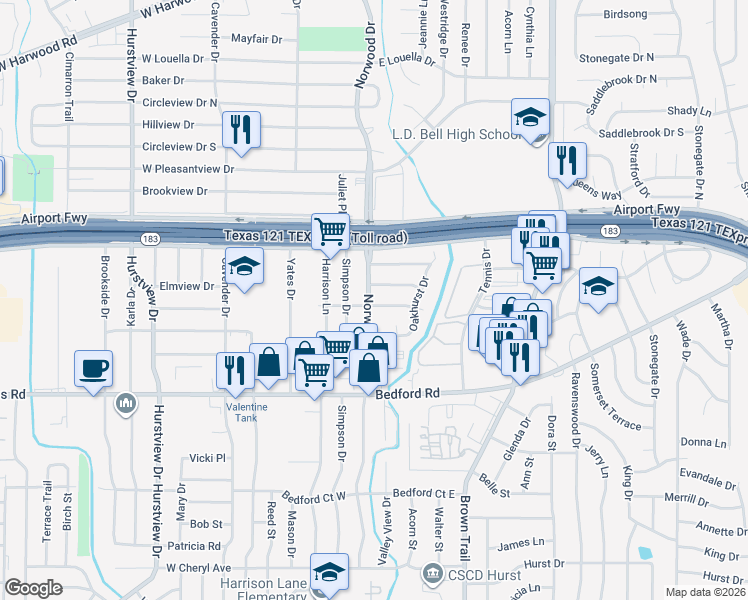 map of restaurants, bars, coffee shops, grocery stores, and more near 109 Woodview Terrace in Hurst