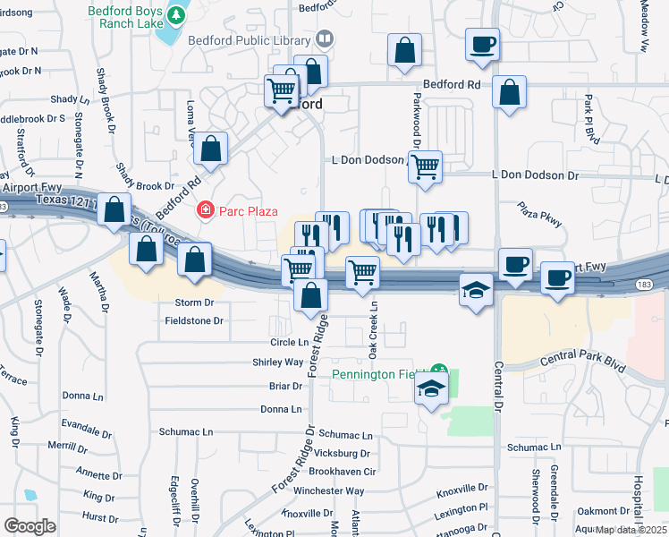 map of restaurants, bars, coffee shops, grocery stores, and more near 1598 Airport Freeway in Bedford