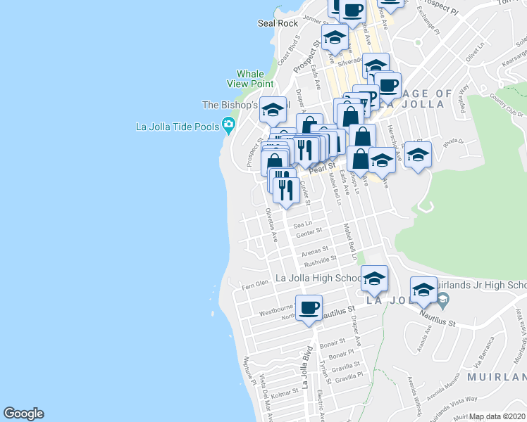 map of restaurants, bars, coffee shops, grocery stores, and more near 418 Marine Street in San Diego