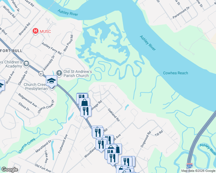 map of restaurants, bars, coffee shops, grocery stores, and more near Staple Lane in Charleston