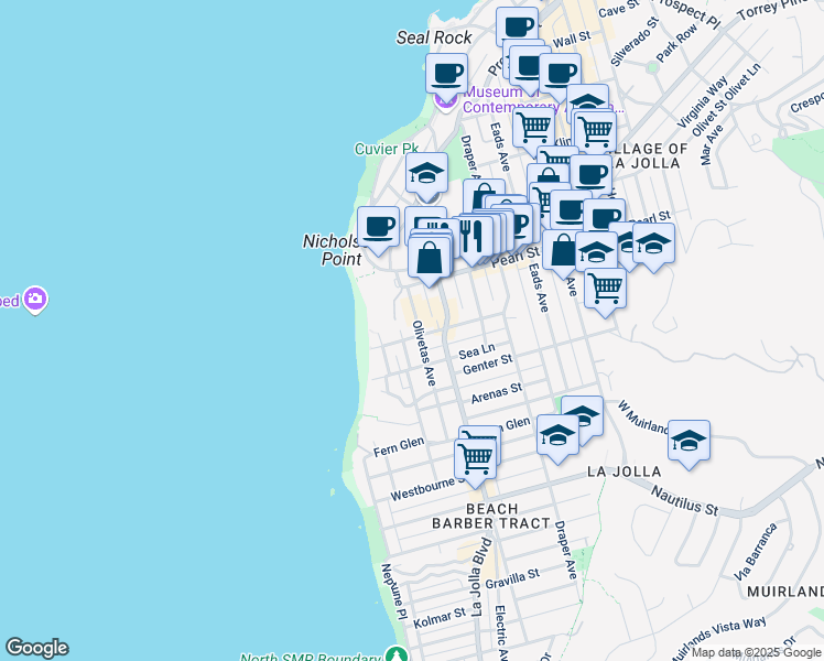 map of restaurants, bars, coffee shops, grocery stores, and more near 418 Marine Street in San Diego