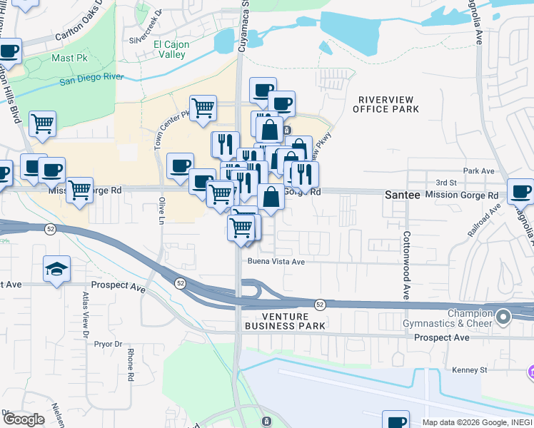 map of restaurants, bars, coffee shops, grocery stores, and more near 9846 Mission Vega Road in Santee