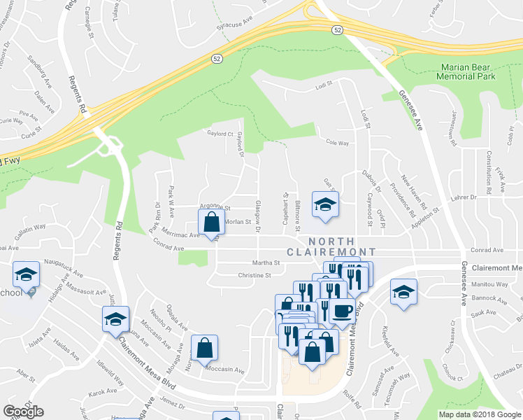 map of restaurants, bars, coffee shops, grocery stores, and more near 5077 Glasgow Drive in San Diego