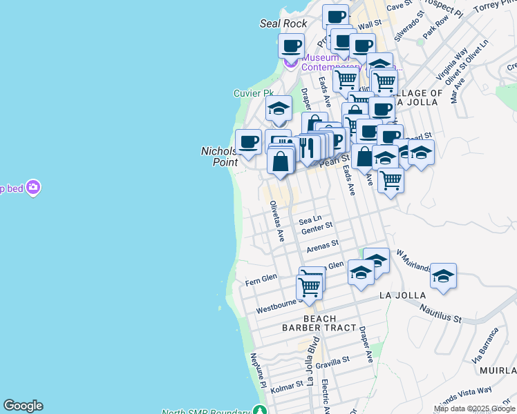 map of restaurants, bars, coffee shops, grocery stores, and more near 7450 Olivetas Avenue in San Diego
