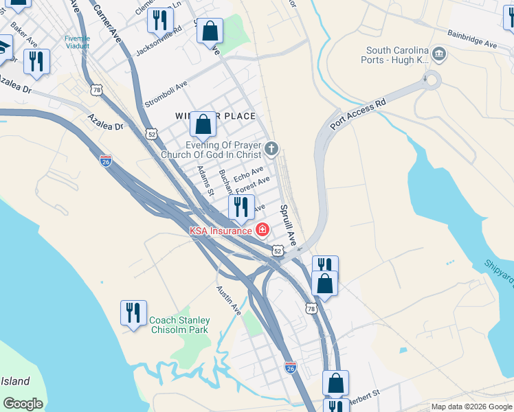 map of restaurants, bars, coffee shops, grocery stores, and more near 2000 Groveland Avenue in North Charleston