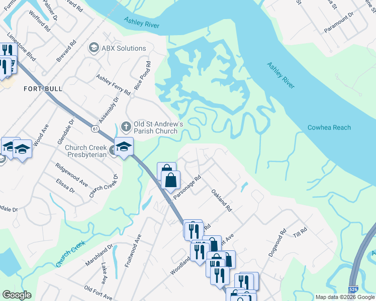 map of restaurants, bars, coffee shops, grocery stores, and more near 2222 Waterfowl Lane in Charleston