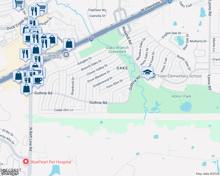 map of restaurants, bars, coffee shops, grocery stores, and more near 2901 Fern Glen Drive in Garland