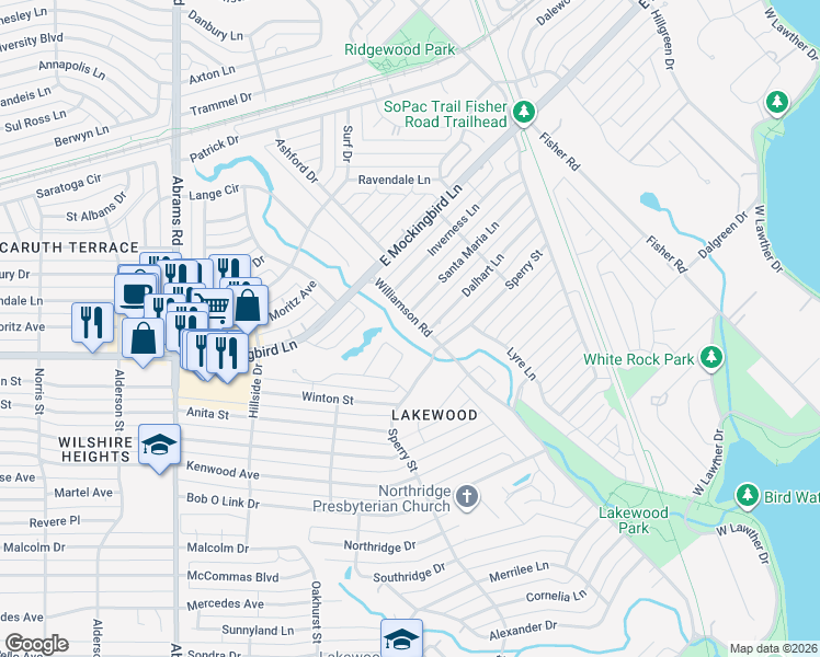 map of restaurants, bars, coffee shops, grocery stores, and more near 6702 Williamson Road in Dallas