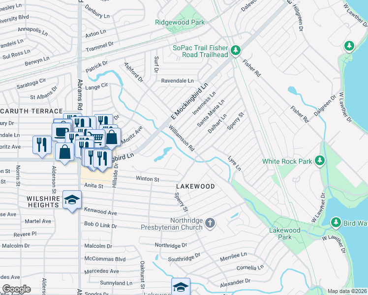 map of restaurants, bars, coffee shops, grocery stores, and more near 6702 Williamson Road in Dallas