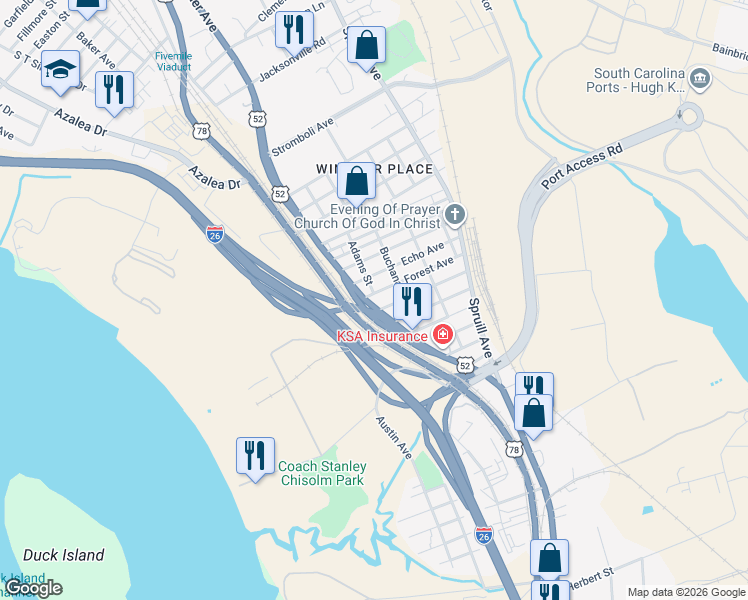 map of restaurants, bars, coffee shops, grocery stores, and more near 2330 Meeting Street in North Charleston