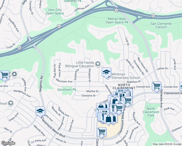 map of restaurants, bars, coffee shops, grocery stores, and more near 5077 Glasgow Drive in San Diego