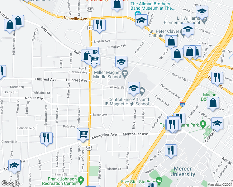 map of restaurants, bars, coffee shops, grocery stores, and more near 990 Birch Street in Macon