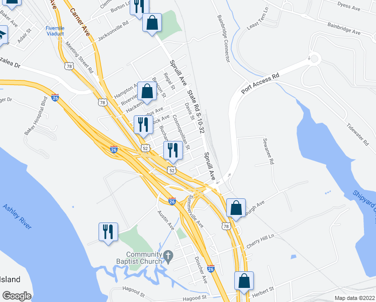 map of restaurants, bars, coffee shops, grocery stores, and more near 2000 Groveland Avenue in North Charleston