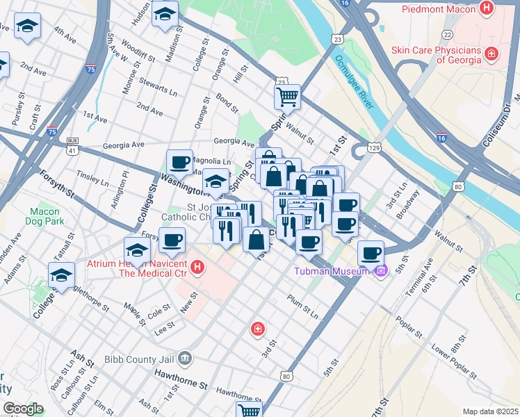 map of restaurants, bars, coffee shops, grocery stores, and more near in Macon
