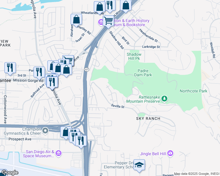 map of restaurants, bars, coffee shops, grocery stores, and more near 1605 Calabria Street in Santee