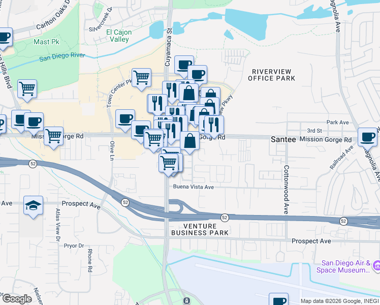 map of restaurants, bars, coffee shops, grocery stores, and more near 9846 Mission Vega Road in Santee