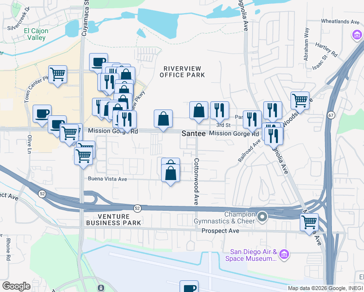 map of restaurants, bars, coffee shops, grocery stores, and more near in Santee