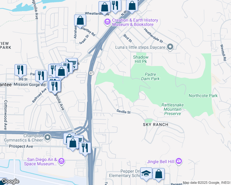 map of restaurants, bars, coffee shops, grocery stores, and more near 1605 Calabria Street in Santee