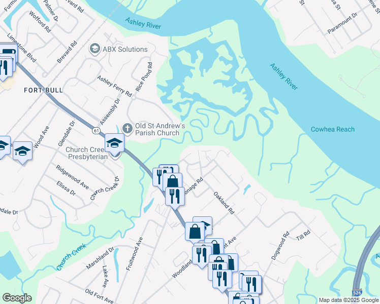 map of restaurants, bars, coffee shops, grocery stores, and more near 2222 Waterfowl Lane in Charleston
