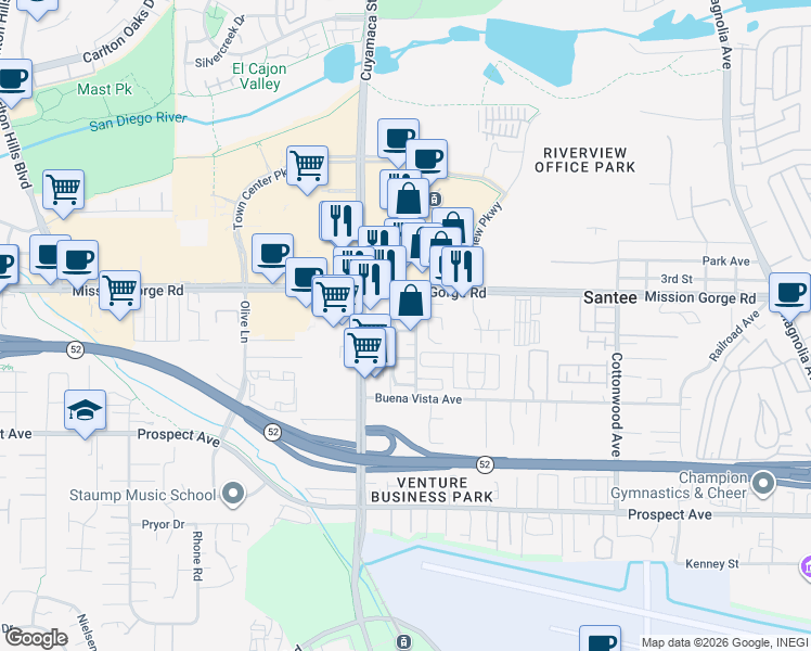 map of restaurants, bars, coffee shops, grocery stores, and more near 9847 Mission Vega Road in Santee
