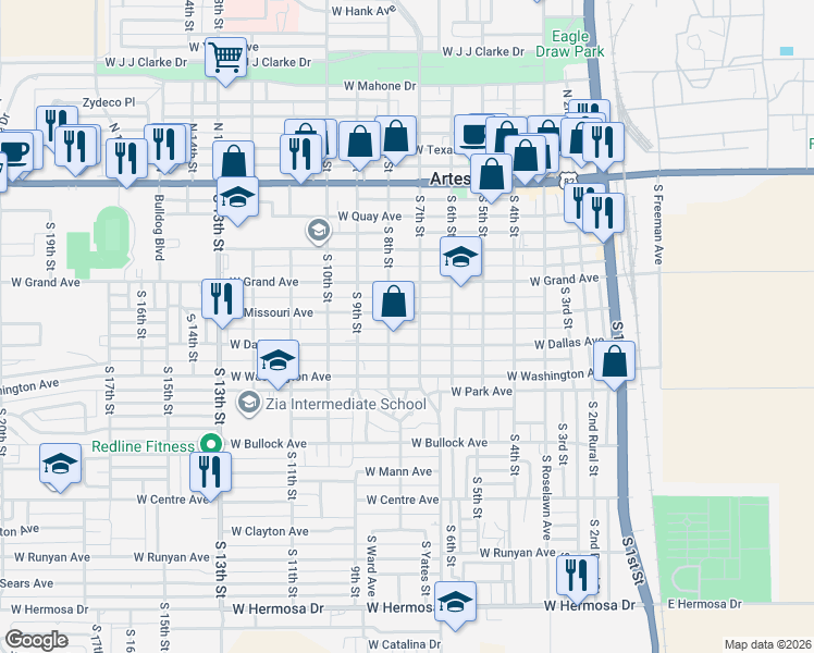 map of restaurants, bars, coffee shops, grocery stores, and more near 451-499 South 8th Street in Artesia