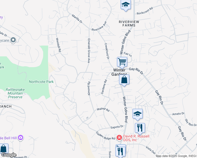 map of restaurants, bars, coffee shops, grocery stores, and more near 8815 Almond Road in Lakeside