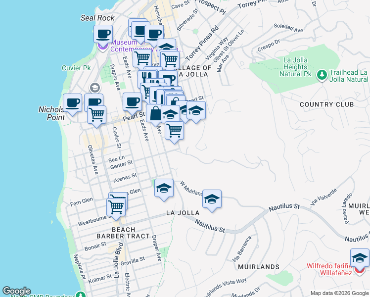 map of restaurants, bars, coffee shops, grocery stores, and more near 1000 Genter Street in San Diego