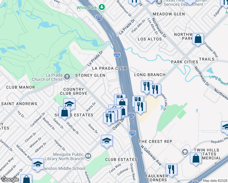 map of restaurants, bars, coffee shops, grocery stores, and more near 2125 Pinehurst Lane in Mesquite