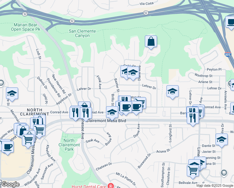 map of restaurants, bars, coffee shops, grocery stores, and more near 5068 Baxter Street in San Diego