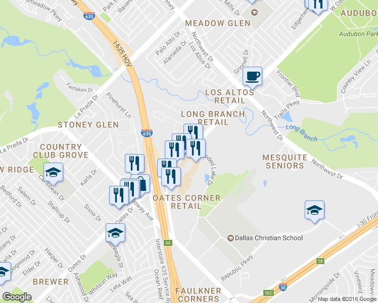 map of restaurants, bars, coffee shops, grocery stores, and more near 1800 Oates Dr in Mesquite