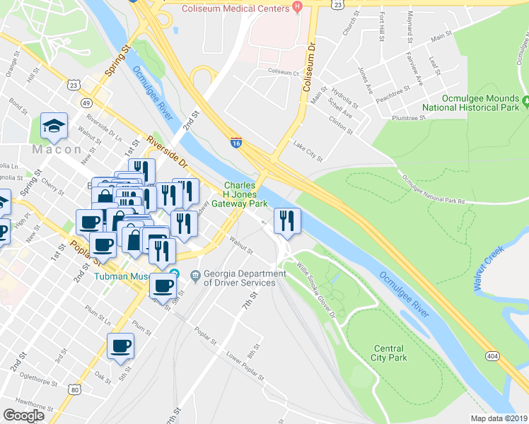 map of restaurants, bars, coffee shops, grocery stores, and more near 211 Riverside Drive in Macon