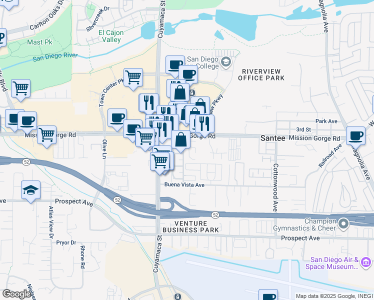 map of restaurants, bars, coffee shops, grocery stores, and more near 9846 Mission Vega Road in Santee