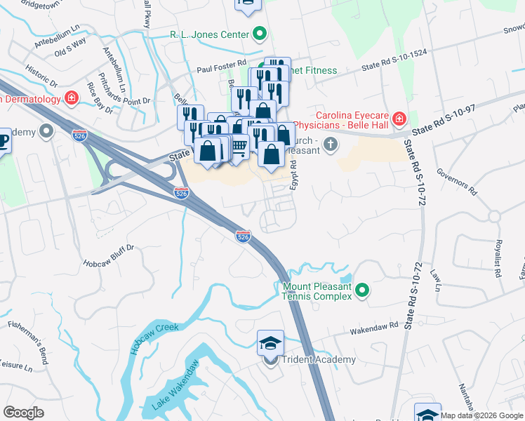 map of restaurants, bars, coffee shops, grocery stores, and more near 1671 Belle Isle Avenue in Mount Pleasant