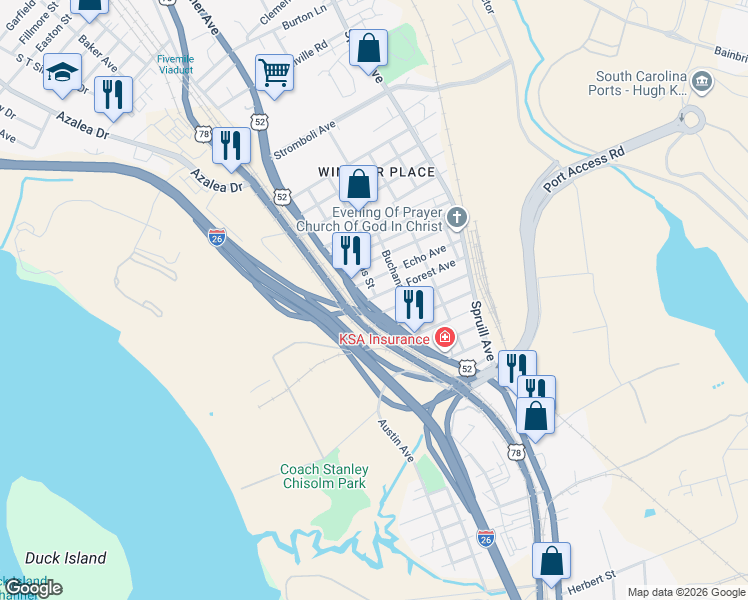 map of restaurants, bars, coffee shops, grocery stores, and more near 2330 Meeting Street in North Charleston