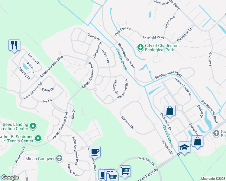 map of restaurants, bars, coffee shops, grocery stores, and more near 224 Mallory Drive in Charleston