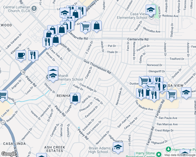 map of restaurants, bars, coffee shops, grocery stores, and more near 10455 Sylvia Drive in Dallas