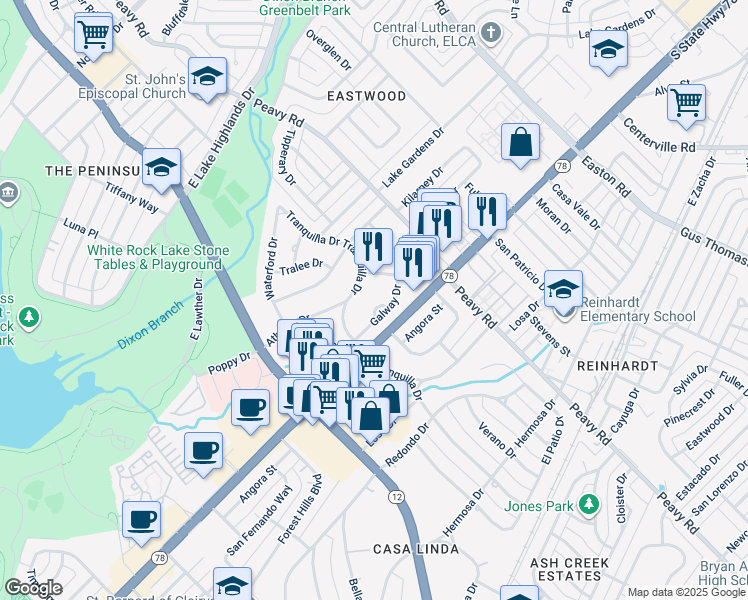 map of restaurants, bars, coffee shops, grocery stores, and more near 9919 Galway Drive in Dallas
