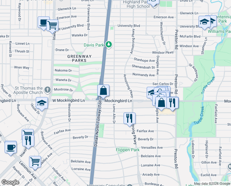 map of restaurants, bars, coffee shops, grocery stores, and more near 4448 Potomac Avenue in Dallas