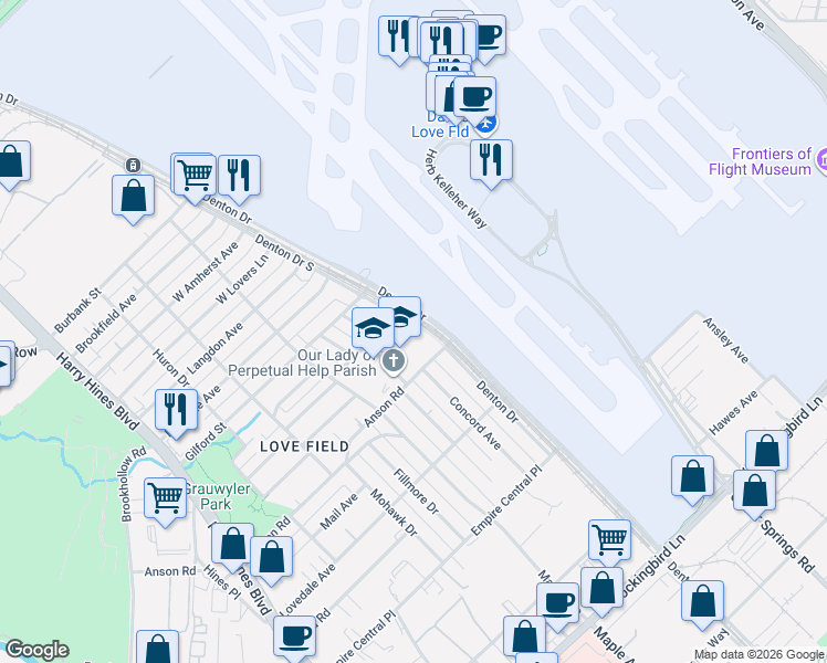 map of restaurants, bars, coffee shops, grocery stores, and more near 7803 Denton Drive in Dallas
