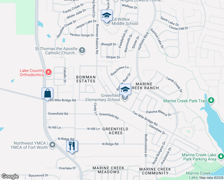 map of restaurants, bars, coffee shops, grocery stores, and more near 5732 Minnow Drive in Fort Worth