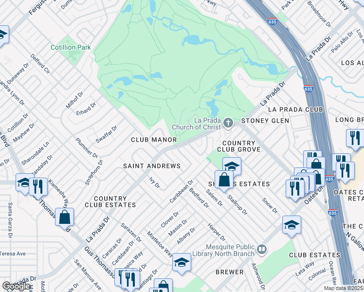 map of restaurants, bars, coffee shops, grocery stores, and more near La Prada Drive in Dallas