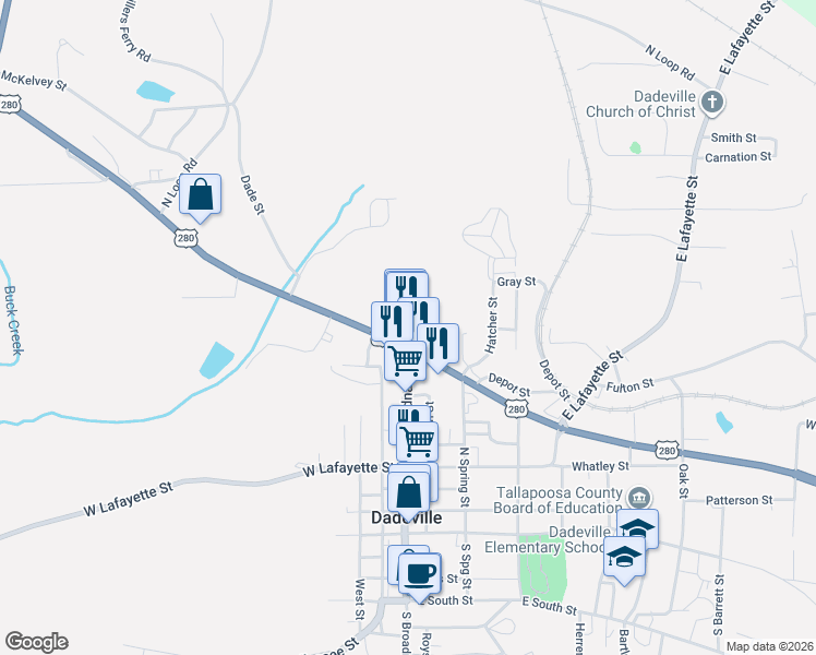 map of restaurants, bars, coffee shops, grocery stores, and more near 17957 U.S. 280 in Dadeville